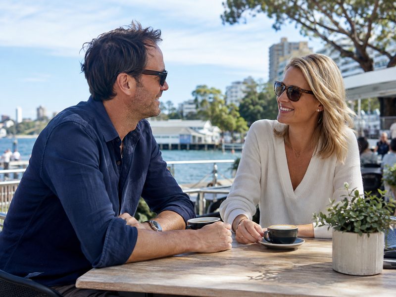 An adult couple enjoying relaxed conversation at an Australian waterfront café