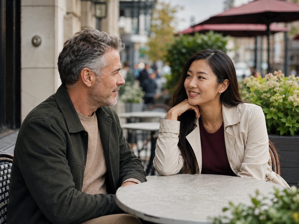 A middle-aged European man and a young adult Asian woman having a relaxed conversation in a Canadian city