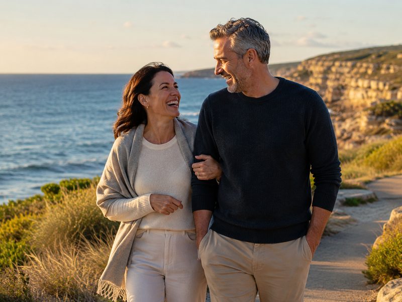 An adult couple sharing a genuine and relaxed moment together