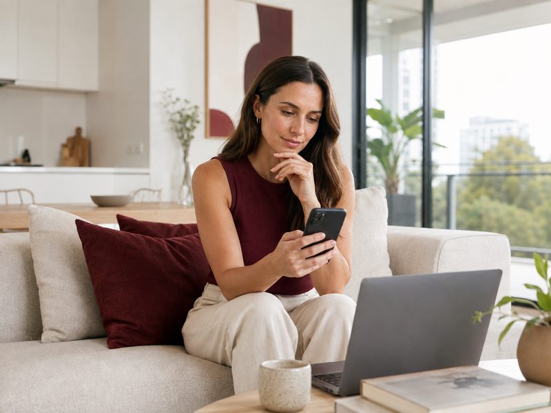 A woman using privacy and safety features while dating online