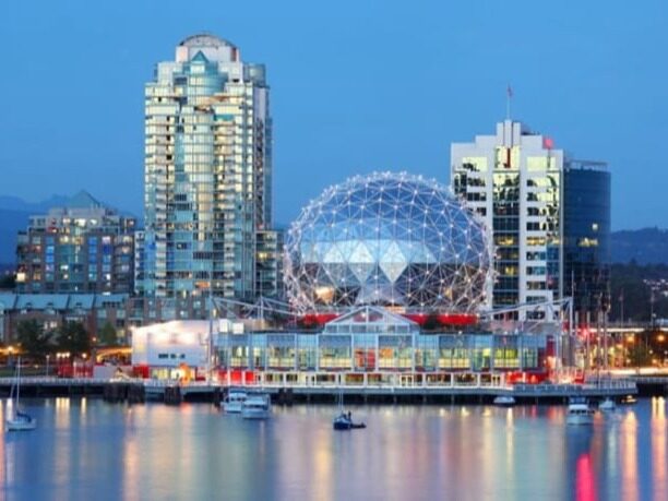 Vancouver waterfront and city buildings at dusk